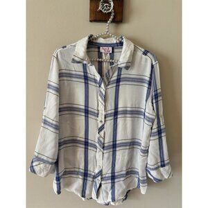 Hester & Orchard Womens Size L Blue White Plaid Blouse 3/4 Sleeve Button Front